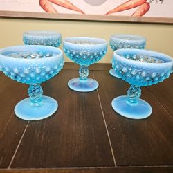 Vintage Fenton Blue Hobnail Opalescent Milk Glass Sherbert Set Of 5!