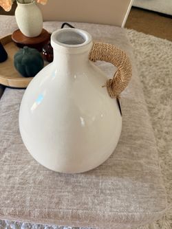 White Ceramic Jug Vase with Woven Handle