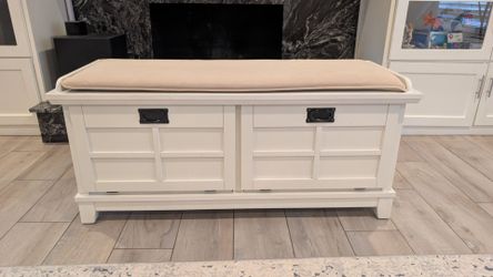 White Wood Storage Bench with Cushion