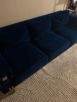 Navy Blue Velvet 3-Seat Sofa with Gold Legs