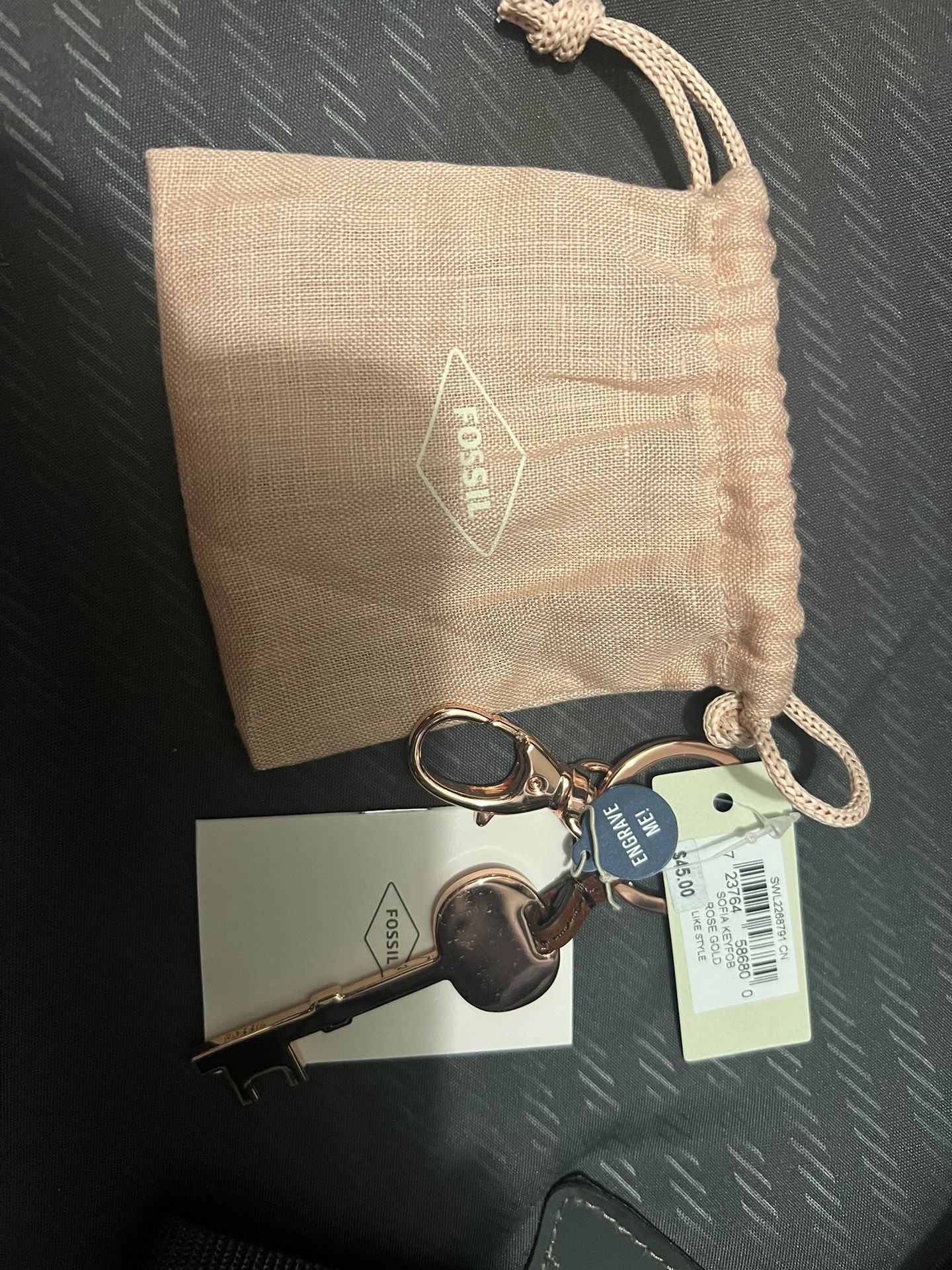 Fossil Key Chain W Leather Trim Rose Gold 