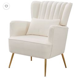 Mid Century Modern Armchairs with Pillow, 8.5" Thick Cushions & Gold Legs, Upholstered Comfy Living Room/Bedroom Chairs, White