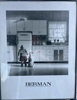 Large Framed Howard Berman Photography Print – Child & Dog Kitchen Scene