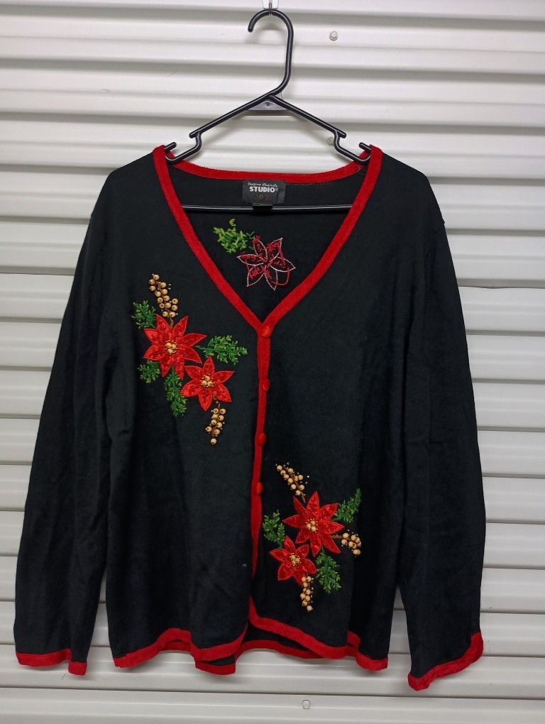 Designer Originals Studio Joy Beaded Poinsettia Christmas Cardigan Sweater , Size XL