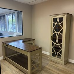 Beautiful Home Office Desk And Bookshelf With Glass Door
