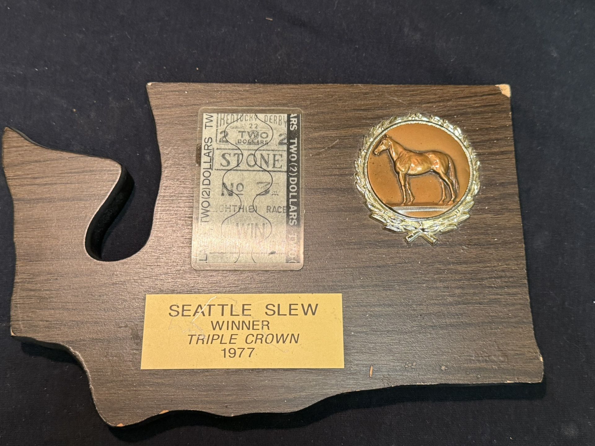 Vintage 1977 Triple Crown Winner Seattle Kentucky, Kentucky Derby With Winning Ticket Plaque