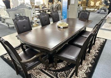 Kiera Brown Formal Extendable Dining Set Table And 8 Chairs