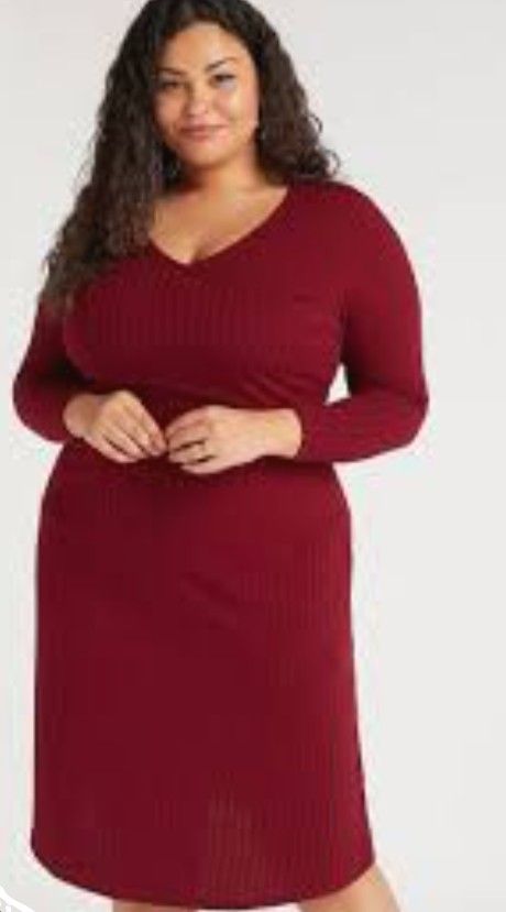 Maroon Ribbed V-Neck Long Sleeve Dress NWOT