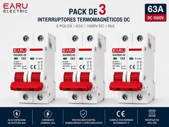 Pack de 3 Interruptores Termomagnéticos DC 2 Polos 63A 1000V para Paneles Solares | EARU EACBDC-63