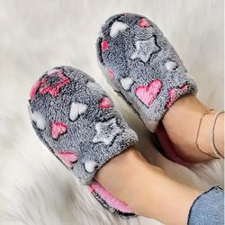 Heart & Star Print Plush Slippers 8.5-9