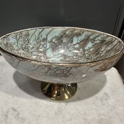 Vintage Delft Hand Painted Egg Shaped Dish w/ Gold Base & Trim From Holland