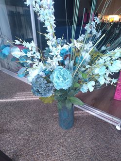 Teal Silk Flower Arrangement in Vase