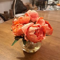 Beautiful Silk Flowers Pink W/Hint Of Orange In Round Glass Vase 