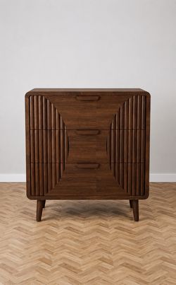 Mid-Century Nightstand, Modern End Table w Striped Pattern, Vintage Accent Furniture w Storage Drawer, Wood Small Accent Table for Bedroom, Living Roo