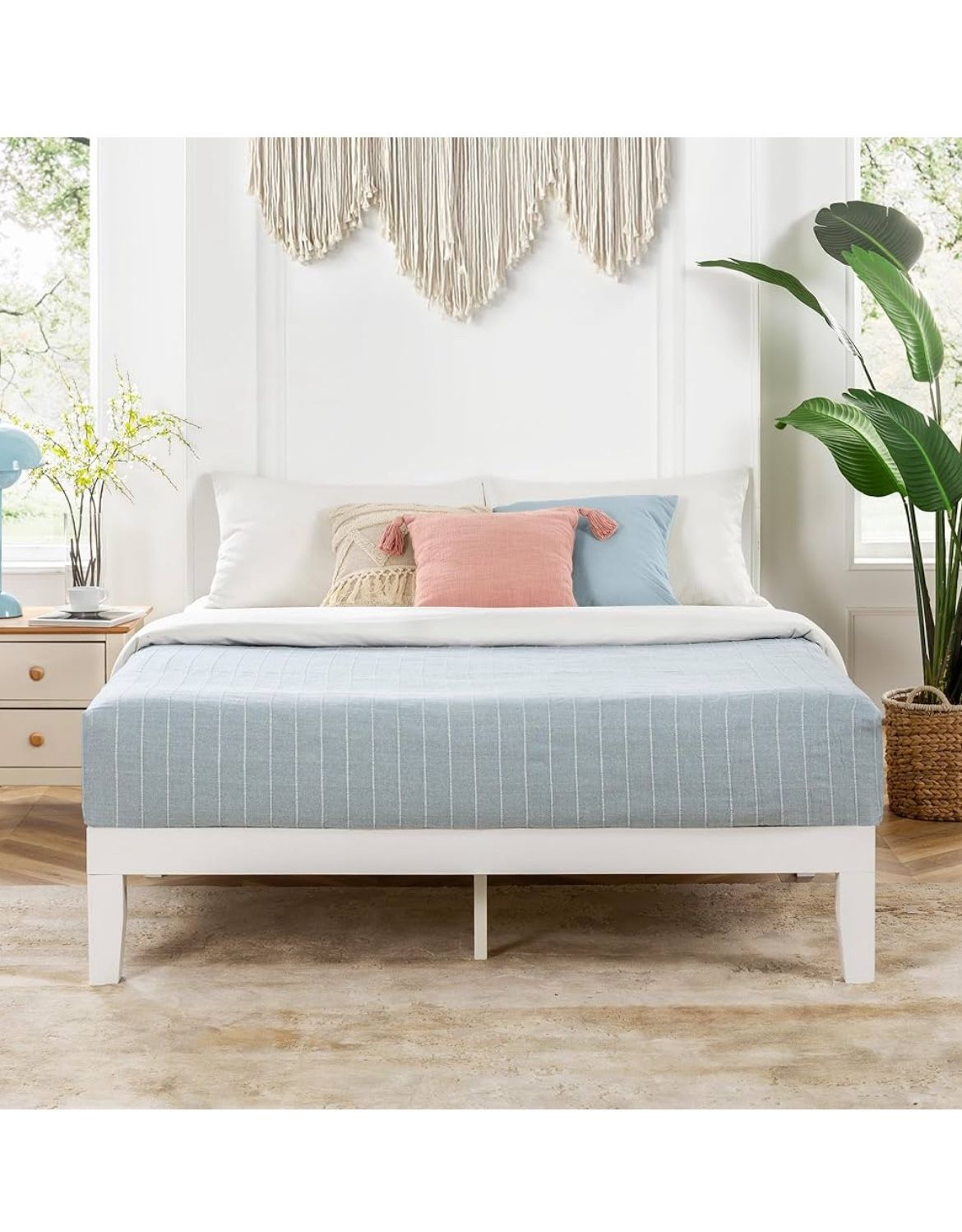 Mellow Naturalista Classic 12 Inch Solid Wood Platform Bed with Wooden Slats, Full, White 