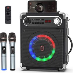 Karaoke Machine with Two Wireless Microphones, Portable Bluetooth Speaker with Bass/Treble Adjustment, Remote Control and LED Lights, Supports TF Card