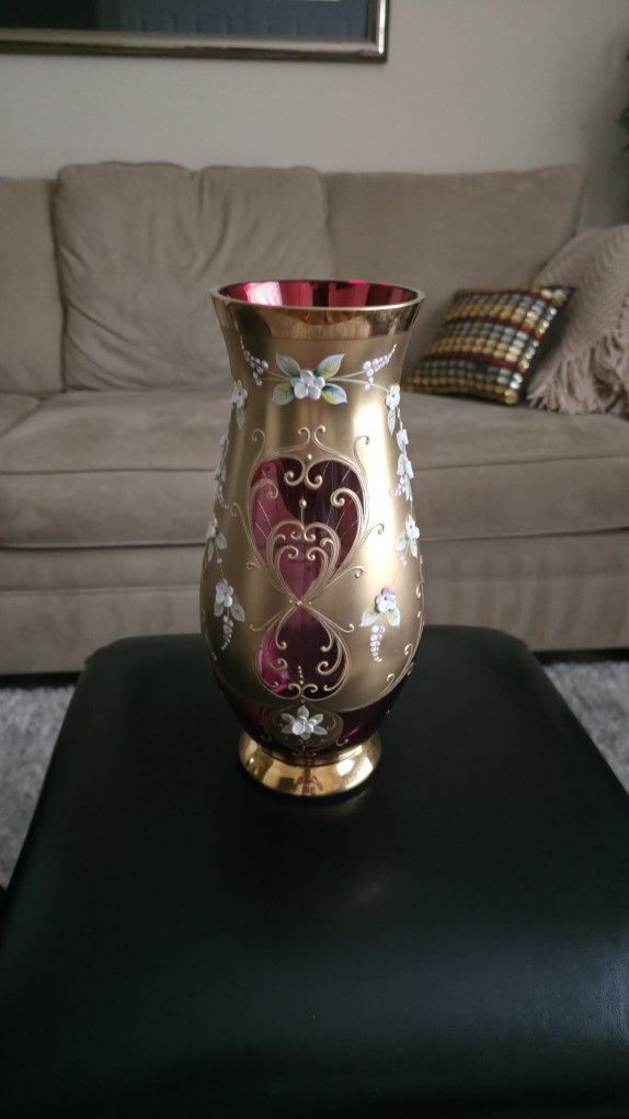 Egerman Bohemian Glass Gilt Overlay Bud Vase