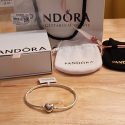 Pandora Authentic Brand New Sterling Silver Heart Signature 7.5 Bracelet With Pouch 