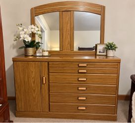 Solid Oak 3-Piece Bedroom Set – Dresser with Mirror, Long Dresser & Nightstand – $300
