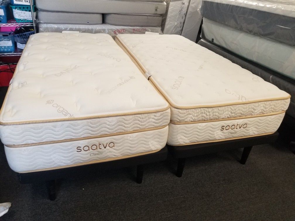 Split King Saatva Classic 14 Inch Pillowtop mattresses With Sealy Ease Adjustable Bases