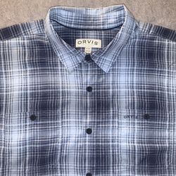 Orvis Shirt Size Extra Large XL Blue Tartan Plaid Short Sleeve Tech Button Up