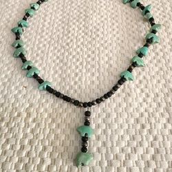 Turquoise Bear Choker Necklace/Silver/Black Bead/Gift