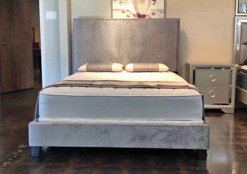 NEW IN BOX- Full Size Glam Grey Velvet Bed Frame with Nailhead Trim