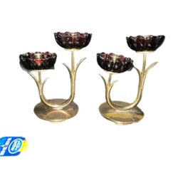 2 Vintage Gunnar Ander Ystad Purple Gold Tone Metal Candle Holder Candelabra