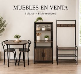 Multi-purpose cabinet, table with two chairs, and coat rack.