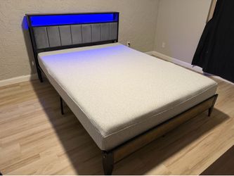 Queen Metal Platform Bed Frame w/ Upholstered LED Headboard, USB/Outlet, Gray