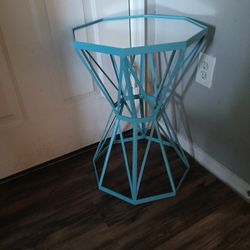 Blue Modern Glass Top Skyscraper Design Pedestal Side Table 