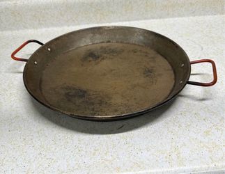 Stainless Steel 15 in Round Paella Pan Red Double Handles Flat Bottom