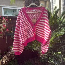 Pink And White Check And Stripe Cardigan - Blu Pepper 