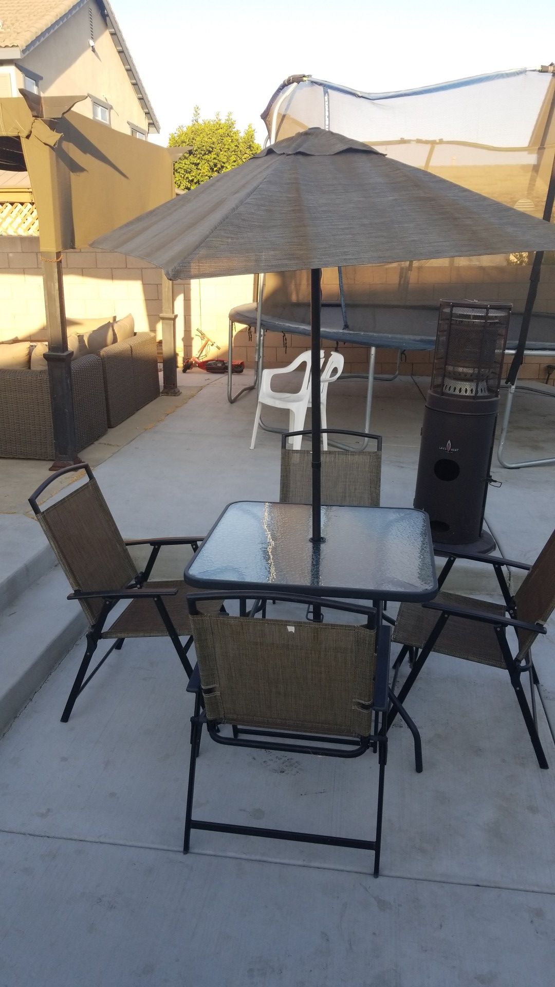 Patio set, glass patio table 4 foldable chairs n umbrella