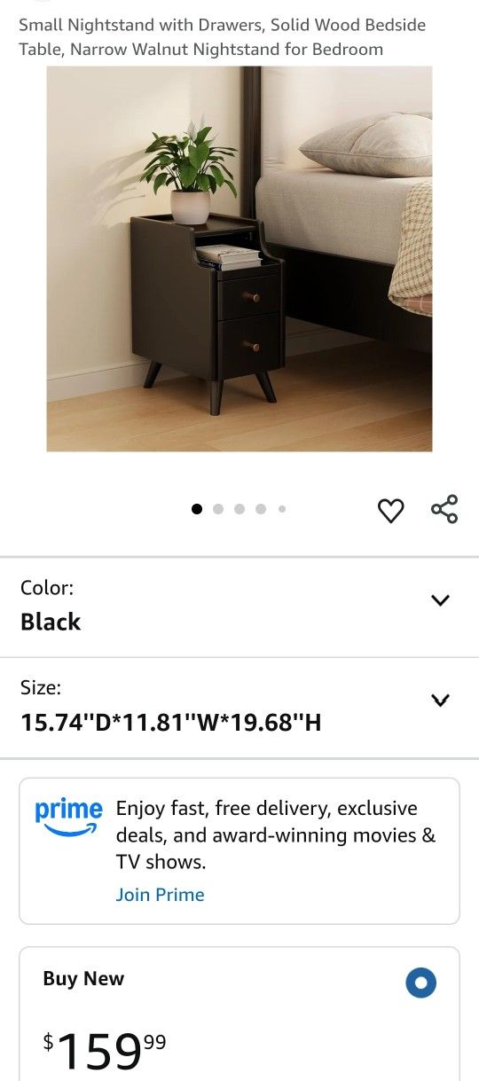 Small Nightstand with Drawers, Solid Wood Bedside Table, Narrow Walnut Nightstand for Bedroom