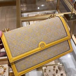 NEW Tory Burch T Monogram Yellow Goldfinch Jacquard Shoulder Bag/Crossbody Bag