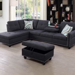 Charcoal Linen Sectional Couch And Ottoman