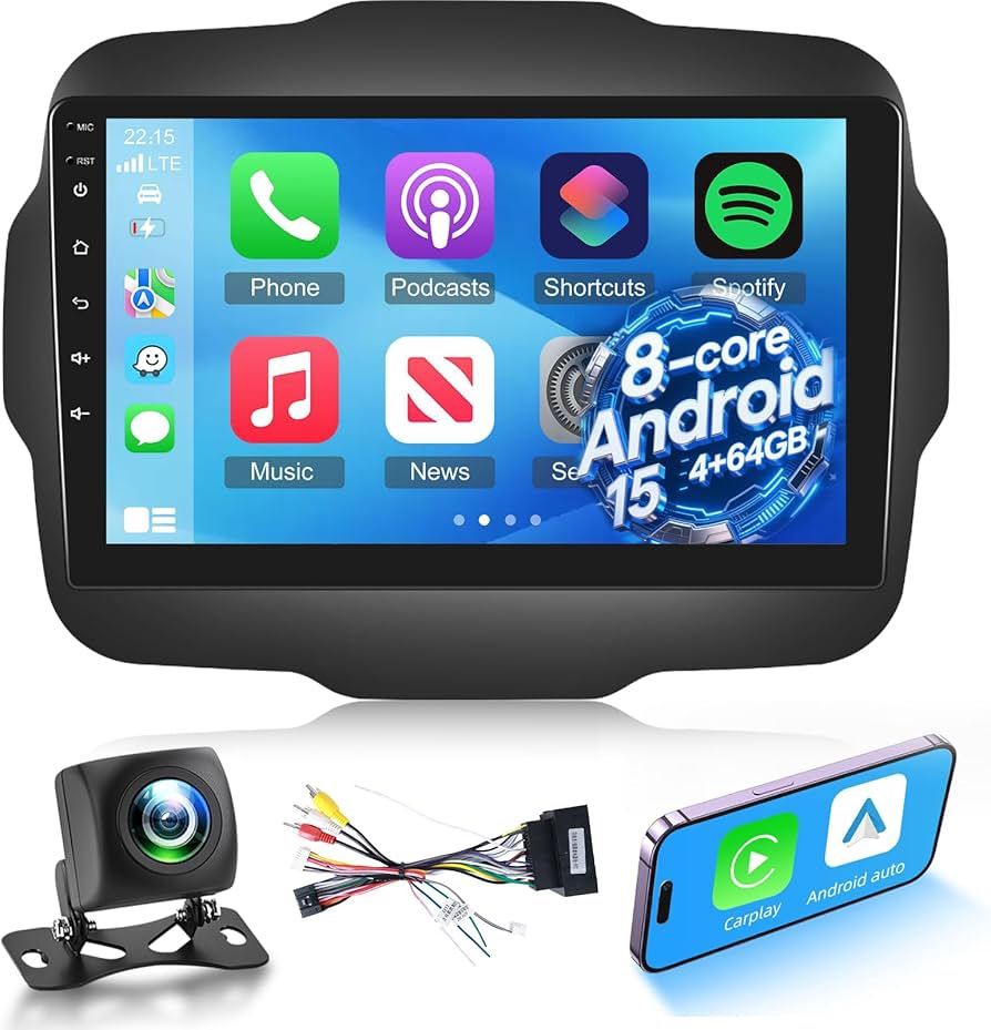8 Core 4+64G Android Car Radio for Jeep Renegade 2015 2016 2017 2018 2019 2020 - Wireless Carplay & Android Auto - 9 Inch Touchscreen Radio with DSP/H