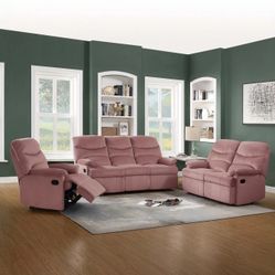 Brand New Pink Velvet 3pc Reclining Sofa Set 