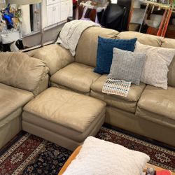Tan Leather Sofa,  Chair And Ottoman