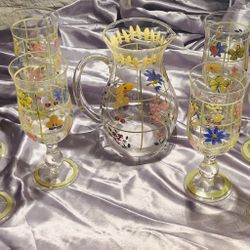8 Vintage Tracy Porter Hand Painted Water Glasses & Pitcher