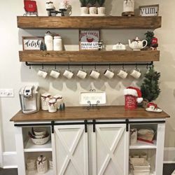 Custom built Wine Rack Cabinet Sideboard Buffet Coffee Hutch Hand Built Hutch Farmhouse farm house Carpenter Floating shelf faux Beam 