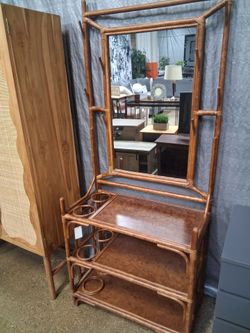 Natural Rattan Hall Tree - Handcrafted Wicker Entryway Organizer with Mirror, Shelving and Hooks