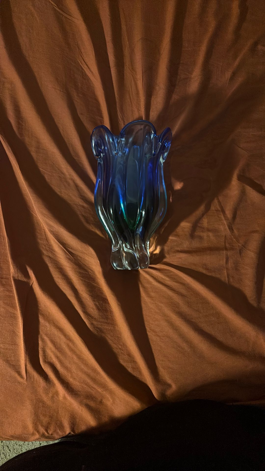 Stylized Tulip Handblown Murano Glass Vase in Emerald & Sapphire Gradient