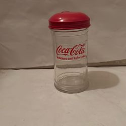 NOS Vintage 1992 COCA-COLA Glass SUGAR SHAKER JAR Red METAL LID Restaurant Style