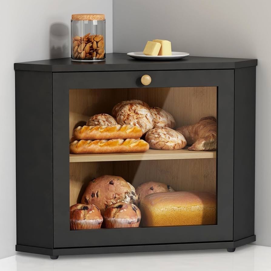 Corner Bread Box for Kitchen Countertop, Black Bread Storage Container for Homemade Bread, Two Layer Breadbox under Cabinet Mount, Large Bread Holder 