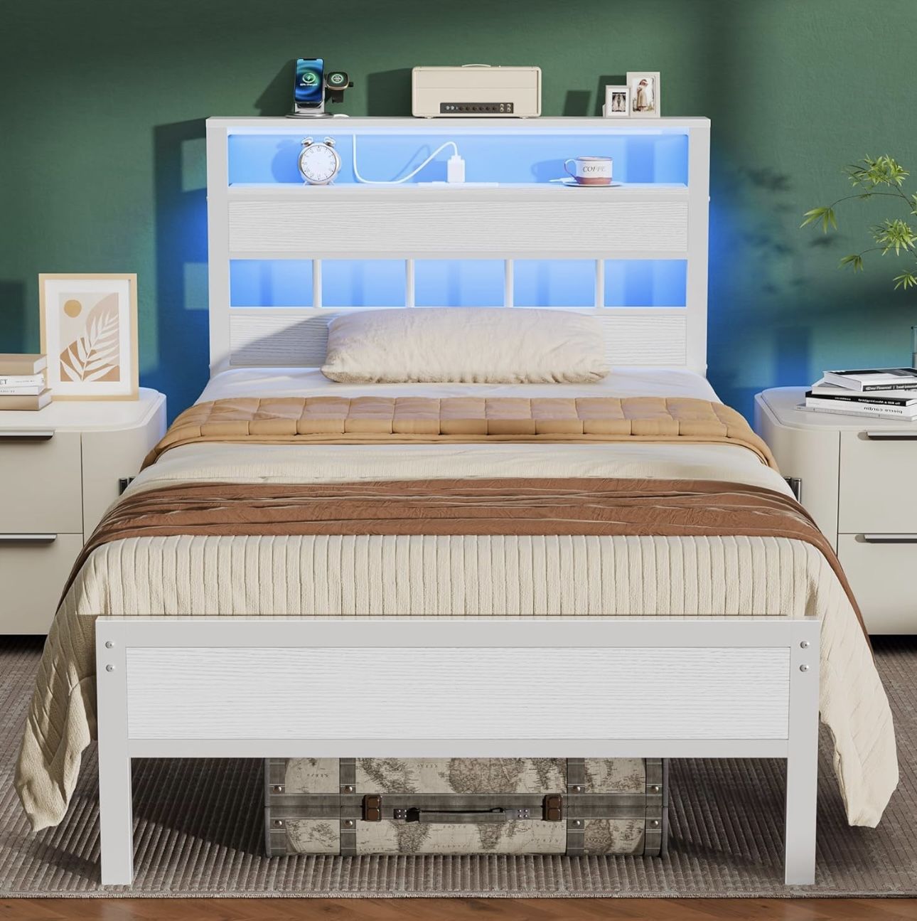 Furnulem Twin Bed Frames with Charging Station and LED Lights, Twin Size Platform Bed with Metal Slats, Wood Headboard with 2-Tier Storage Shelves, No