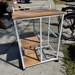 Rolling Kitchen Cart with Storage Baskets & Wood Top