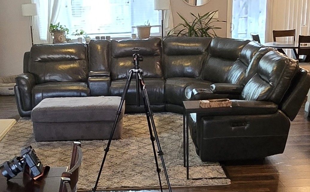 Dark Brown Leather Sectional 6 Seats Electric Reclining
