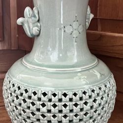 11.5” Large Celadon Korean Handmade/Pwinter Vase Reticulated cranes Signed VTG